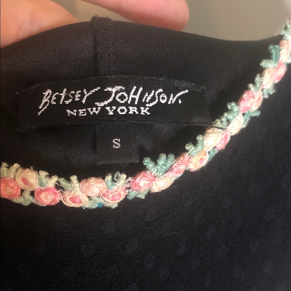 Vintage Betsey Johnson 90’s Swiss Dot Black Dress with Pink Flowers Trim - Picture 2 of 11